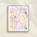 Framed hand-painted colorful watercolor artwork with garden motifs, including butterflies and flowers.