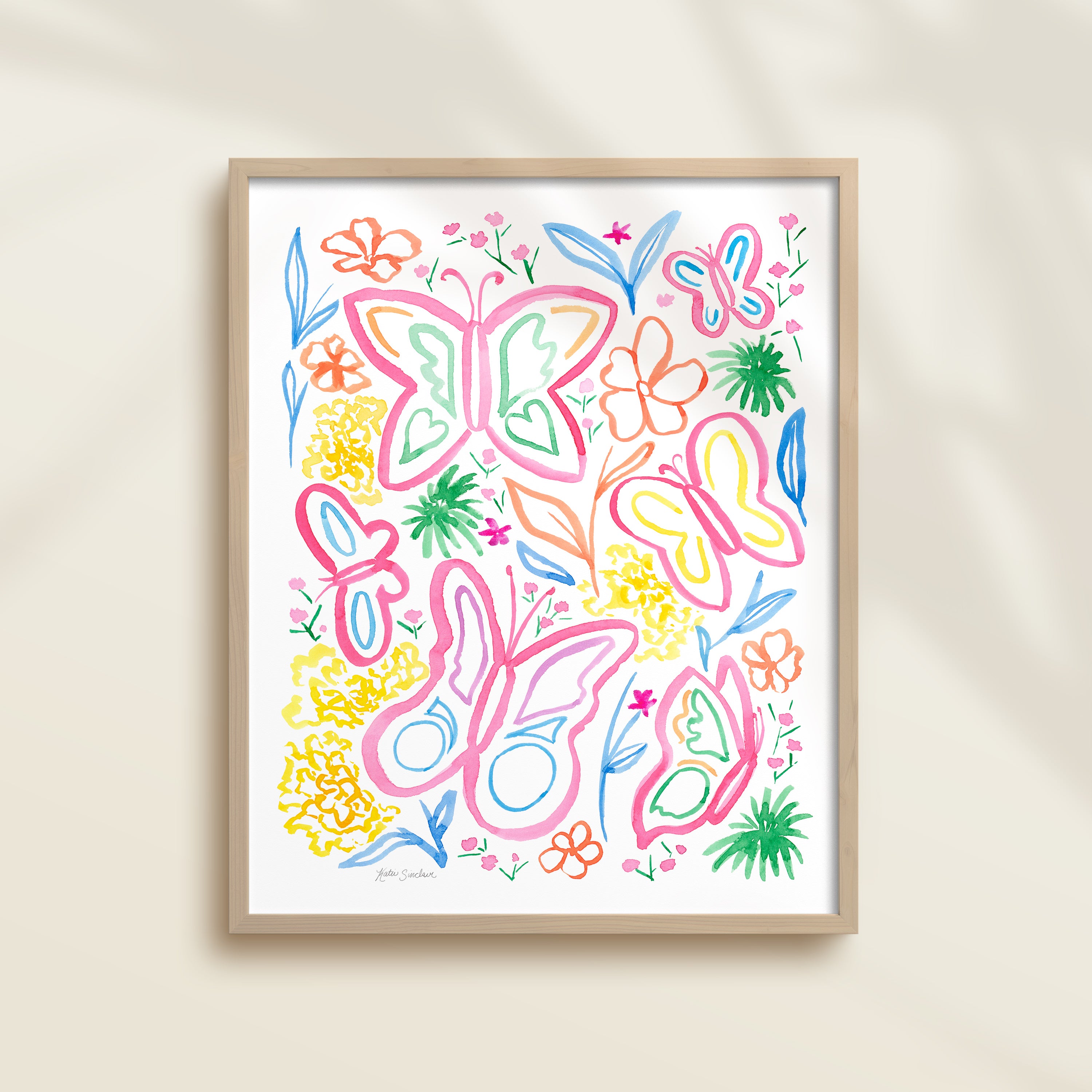 Framed hand-painted colorful watercolor artwork with garden motifs, including butterflies and flowers.