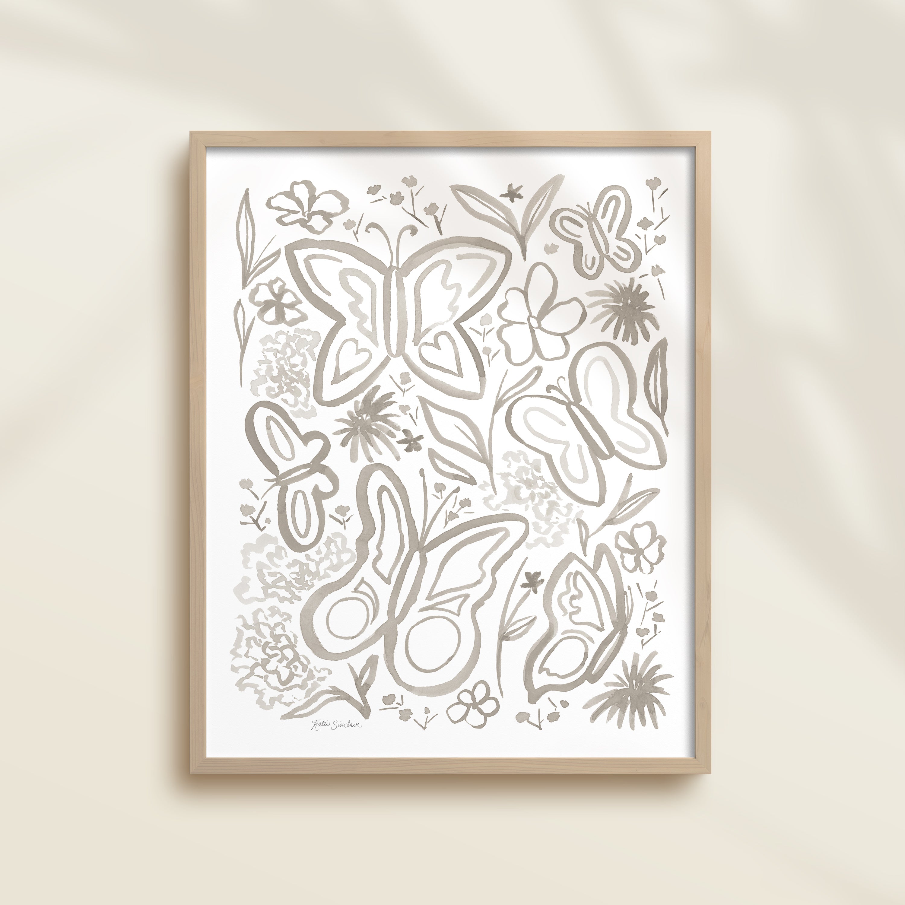 Framed hand-painted gray watercolor artwork with garden motifs, including butterflies and flowers.