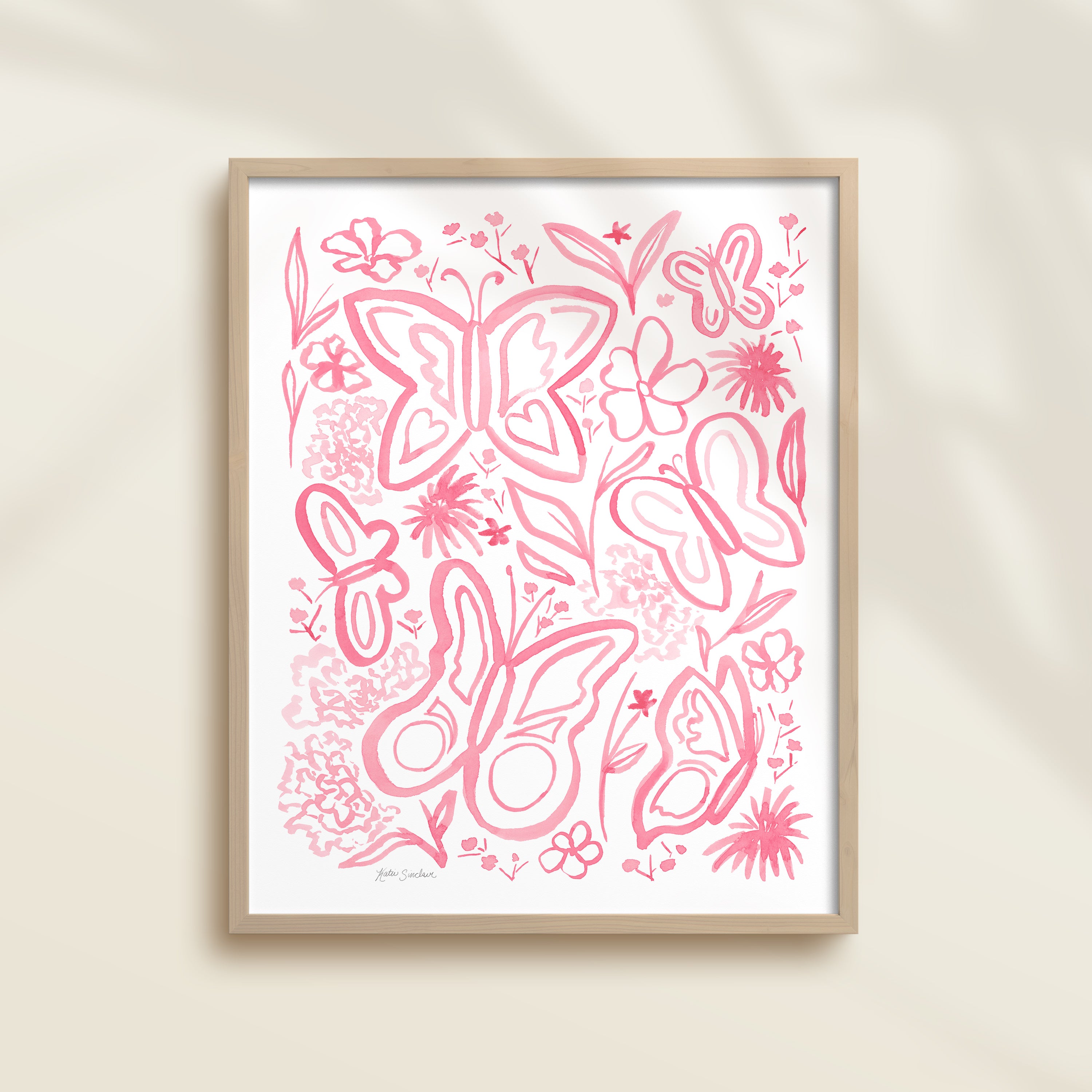 Framed hand-painted pink watercolor artwork with garden motifs, including butterflies and flowers.