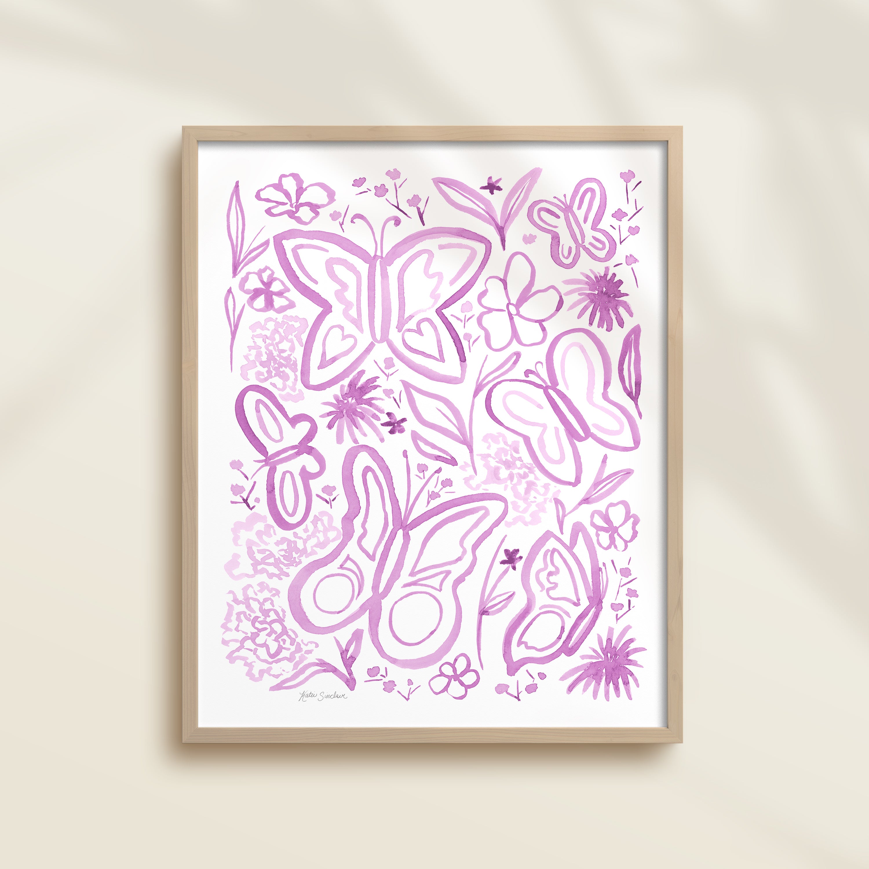 Framed hand-painted purple watercolor artwork with garden motifs, including butterflies and flowers.