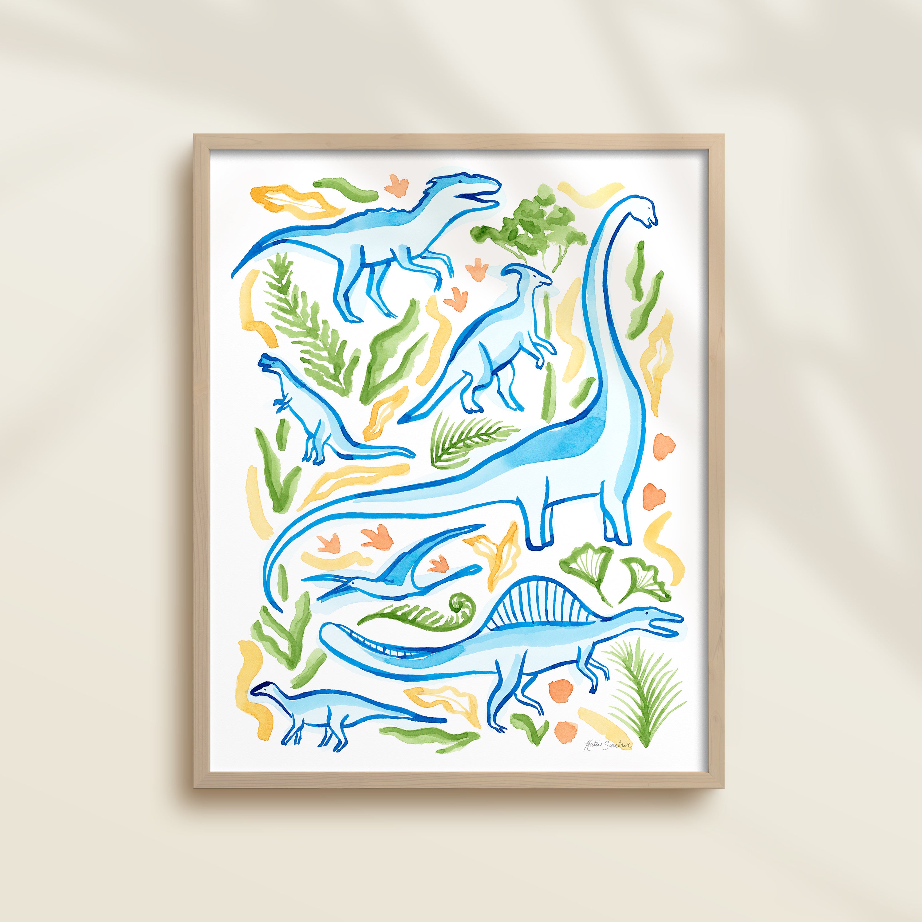 Framed hand-painted watercolor abstract artwork with colorful dinosaur illustrations on a light background, featuring a brontosaurus, spinosaurus, raptor, and pterodactyl. 