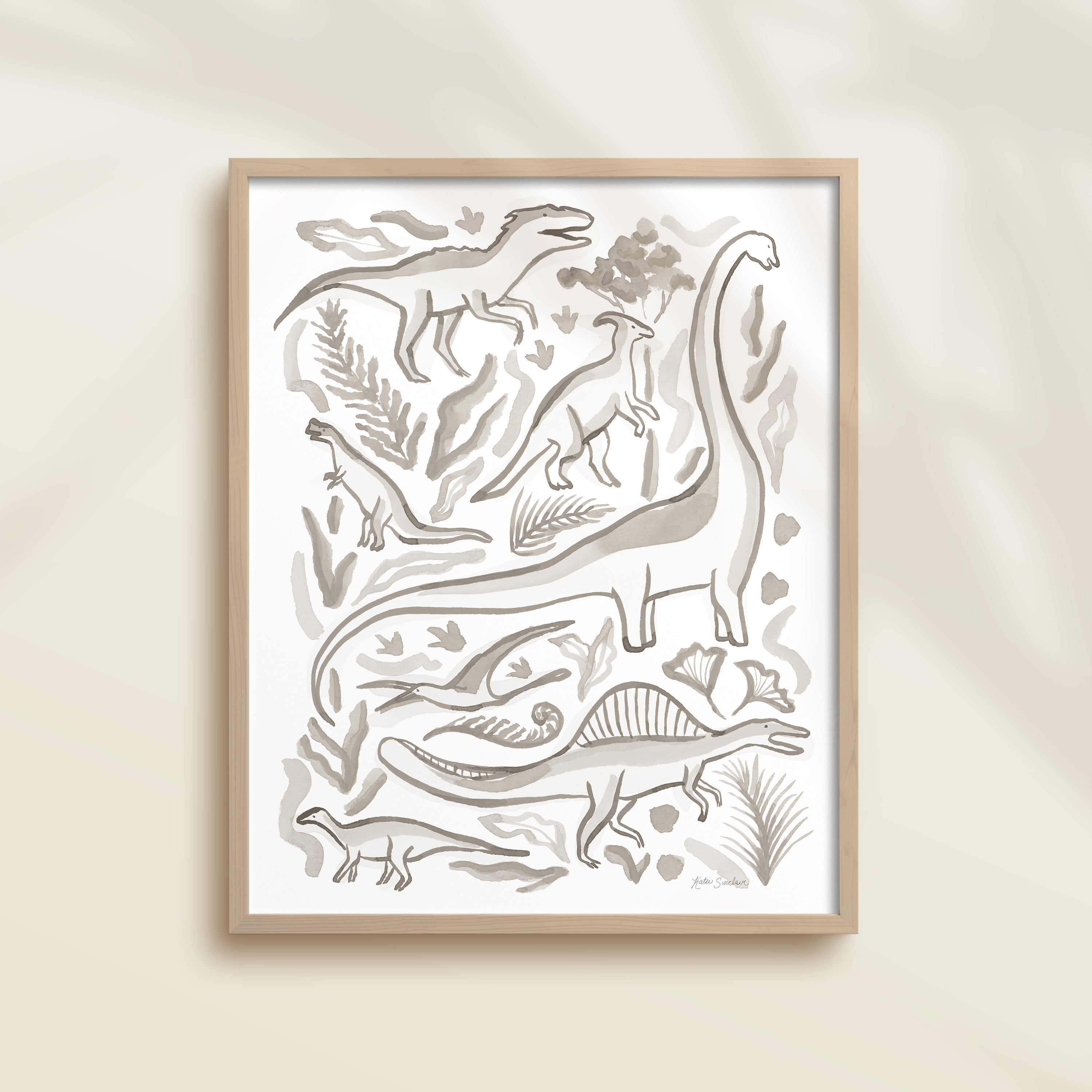 Framed hand-painted watercolor abstract artwork with gray dinosaur illustrations on a light background, featuring a brontosaurus, spinosaurus, raptor, and pterodactyl. 