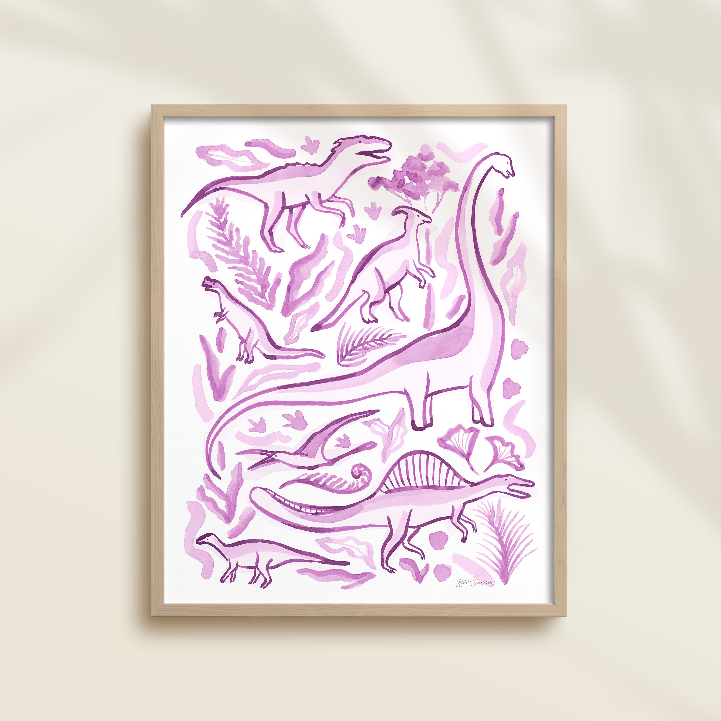 Framed hand-painted watercolor abstract artwork with purple dinosaur illustrations on a light background, featuring a brontosaurus, spinosaurus, raptor, and pterodactyl. 