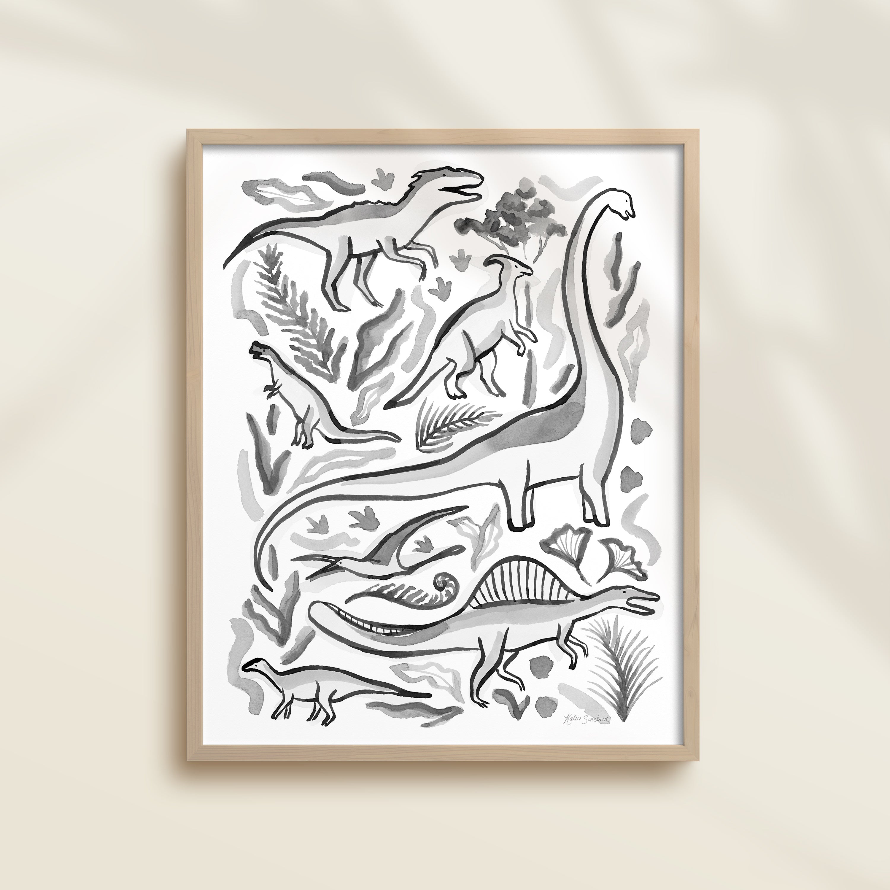 Framed hand-painted watercolor abstract artwork with black and white dinosaur illustrations on a light background, featuring a triceratops, T-Rex, and stegosaurus. 