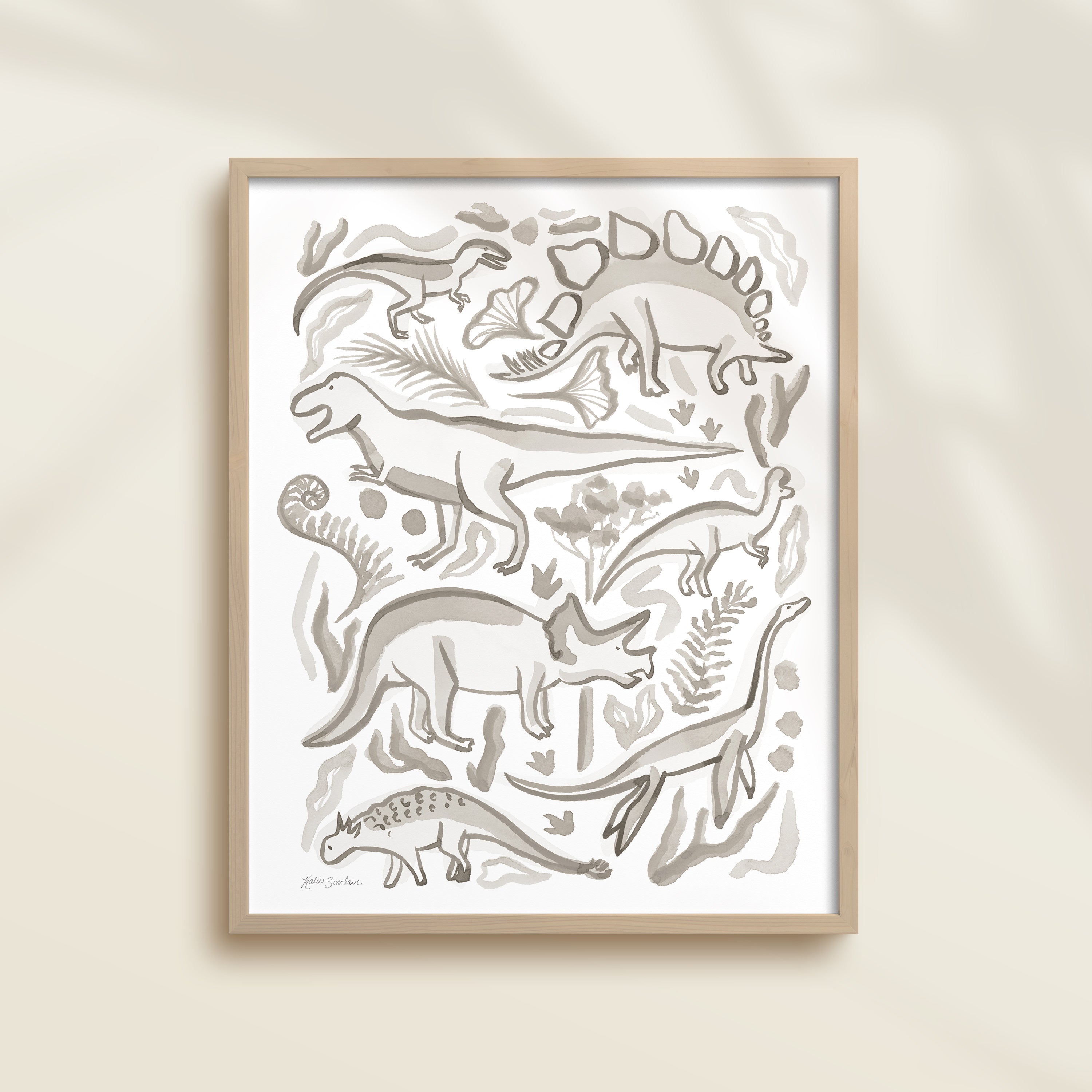 Framed hand-painted watercolor abstract artwork with gray dinosaur illustrations on a light background, featuring a triceratops, T-Rex, and stegosaurus. 