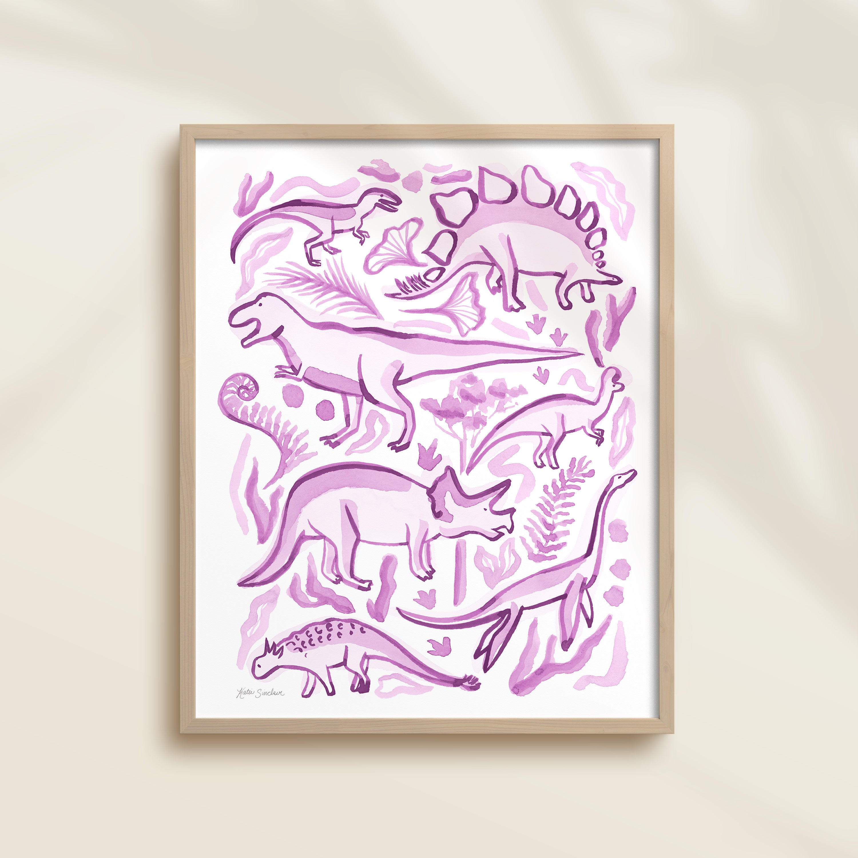 Framed hand-painted watercolor abstract artwork with purple dinosaur illustrations on a light background, featuring a triceratops, T-Rex, and stegosaurus. 