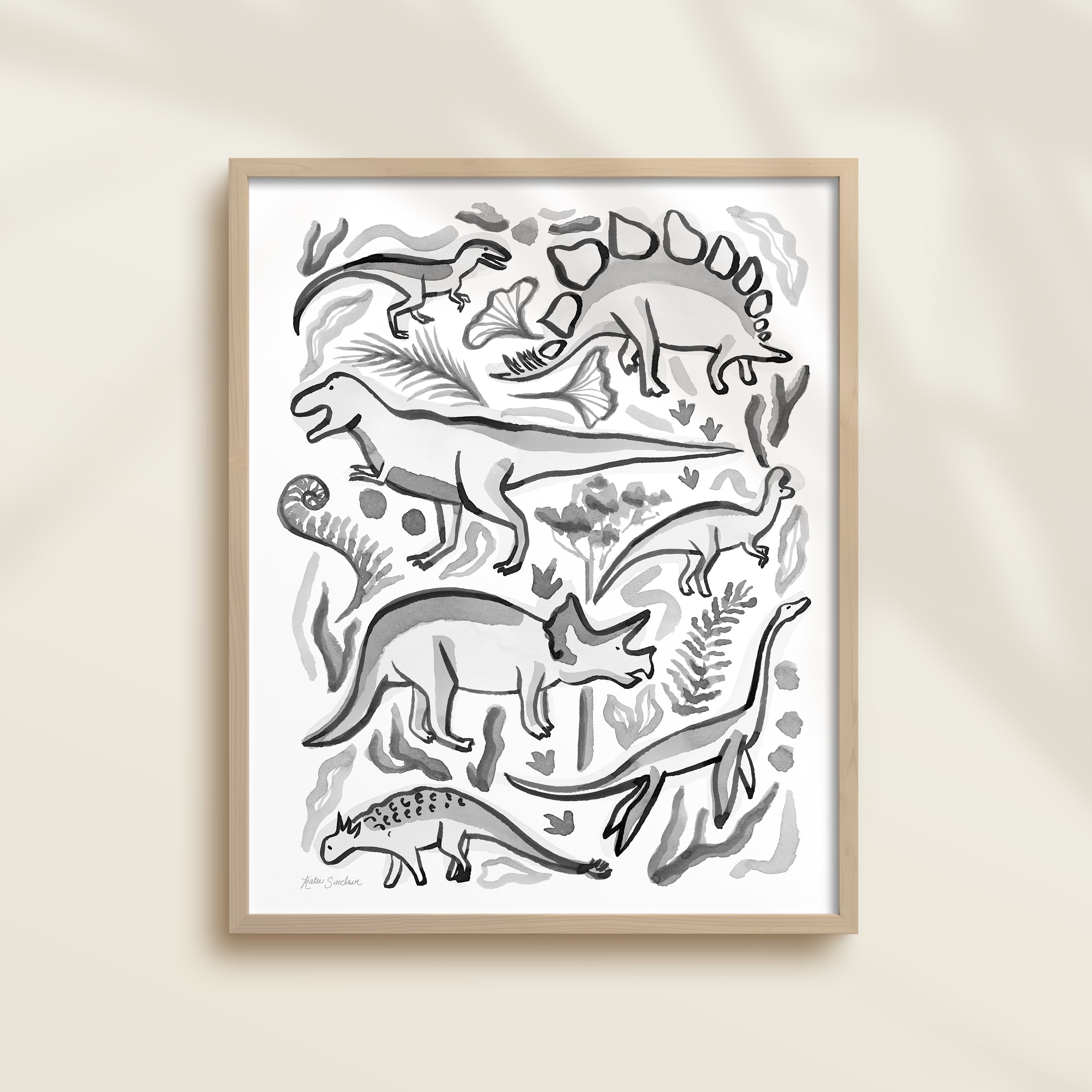 Framed hand-painted watercolor abstract artwork with black and white dinosaur illustrations on a light background, featuring a triceratops, T-Rex, and stegosaurus. 