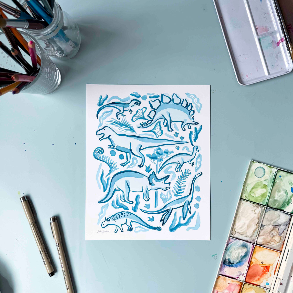 Roaming Dinosaurs Seconds Print – 8x10, Bright Blue, Breathing Color Pura Smooth