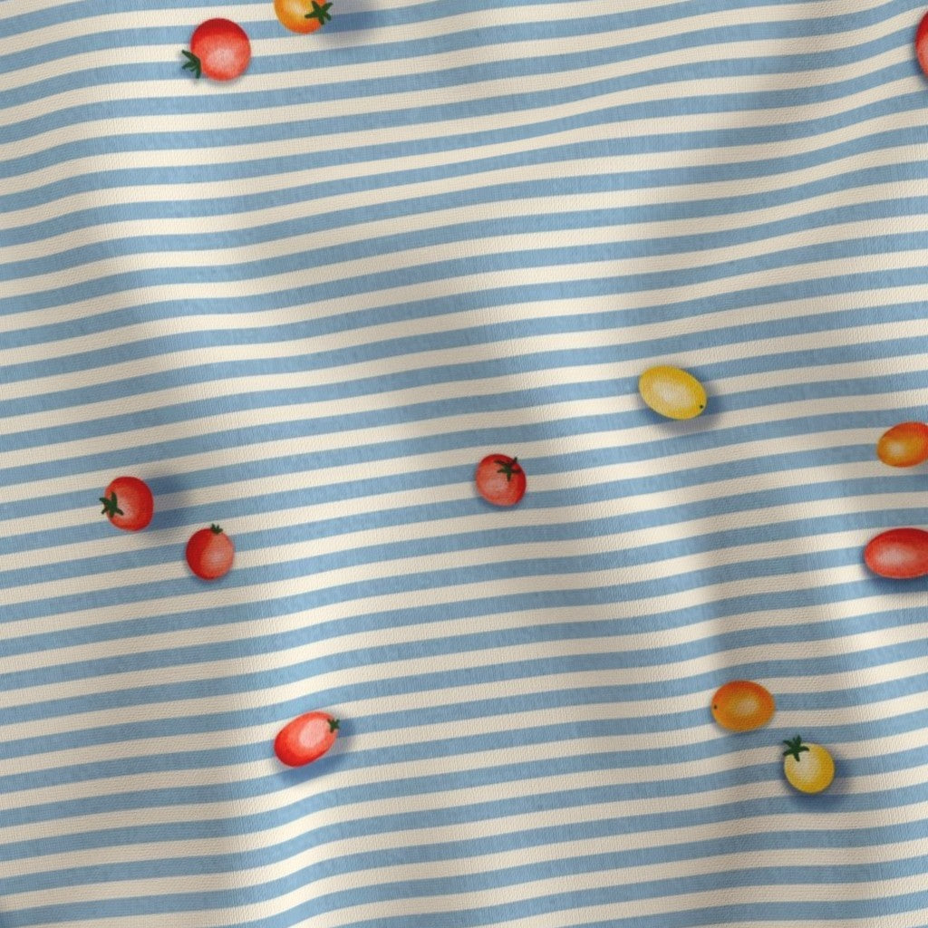 Farmer's Market Tomato Toss by Katie Sinclair: Striped fabric with small fruit patterns on a blue and white background