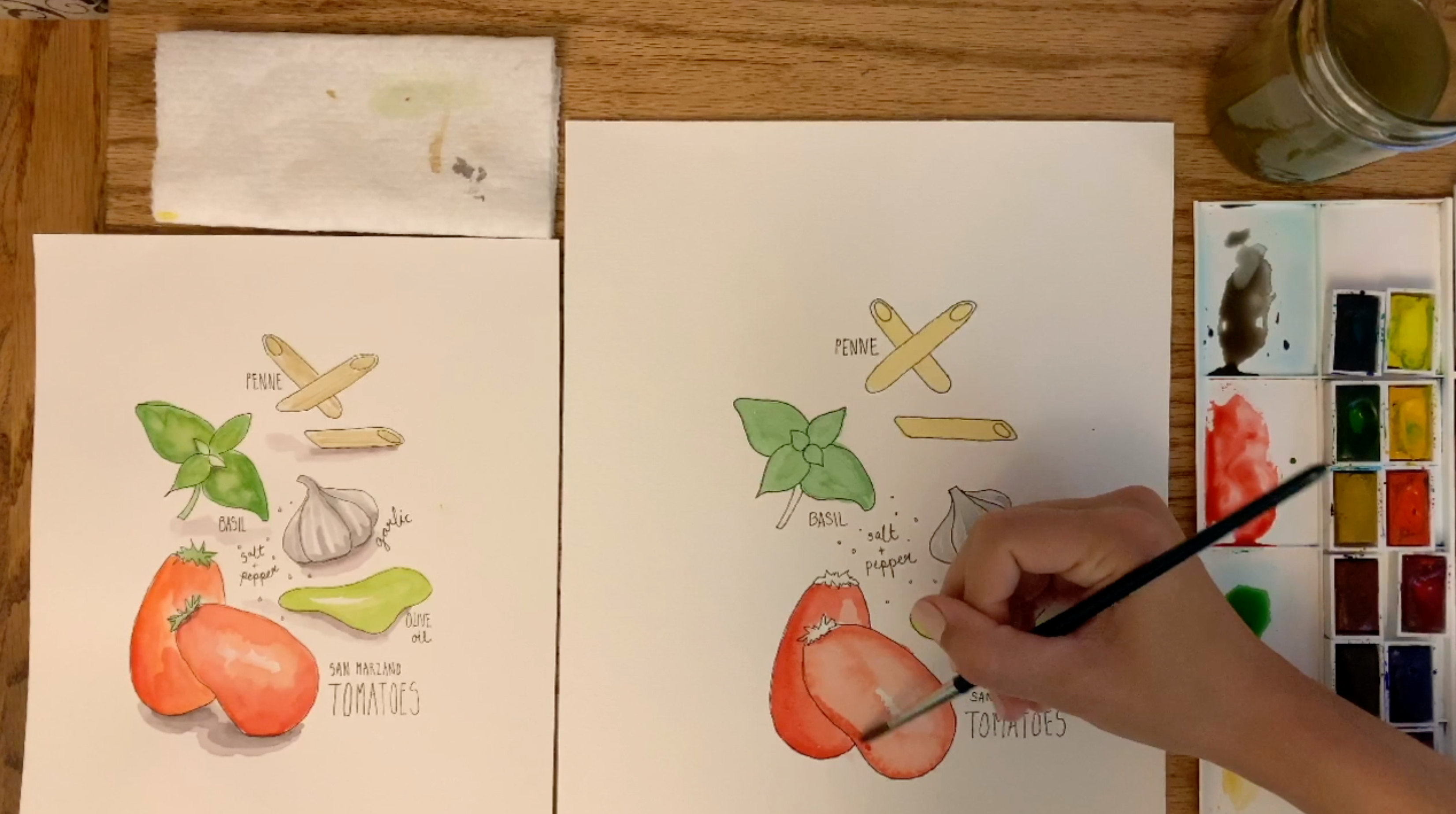 Load video: Culinary canvas tomato basil pesto pasta watercolor tutorial class