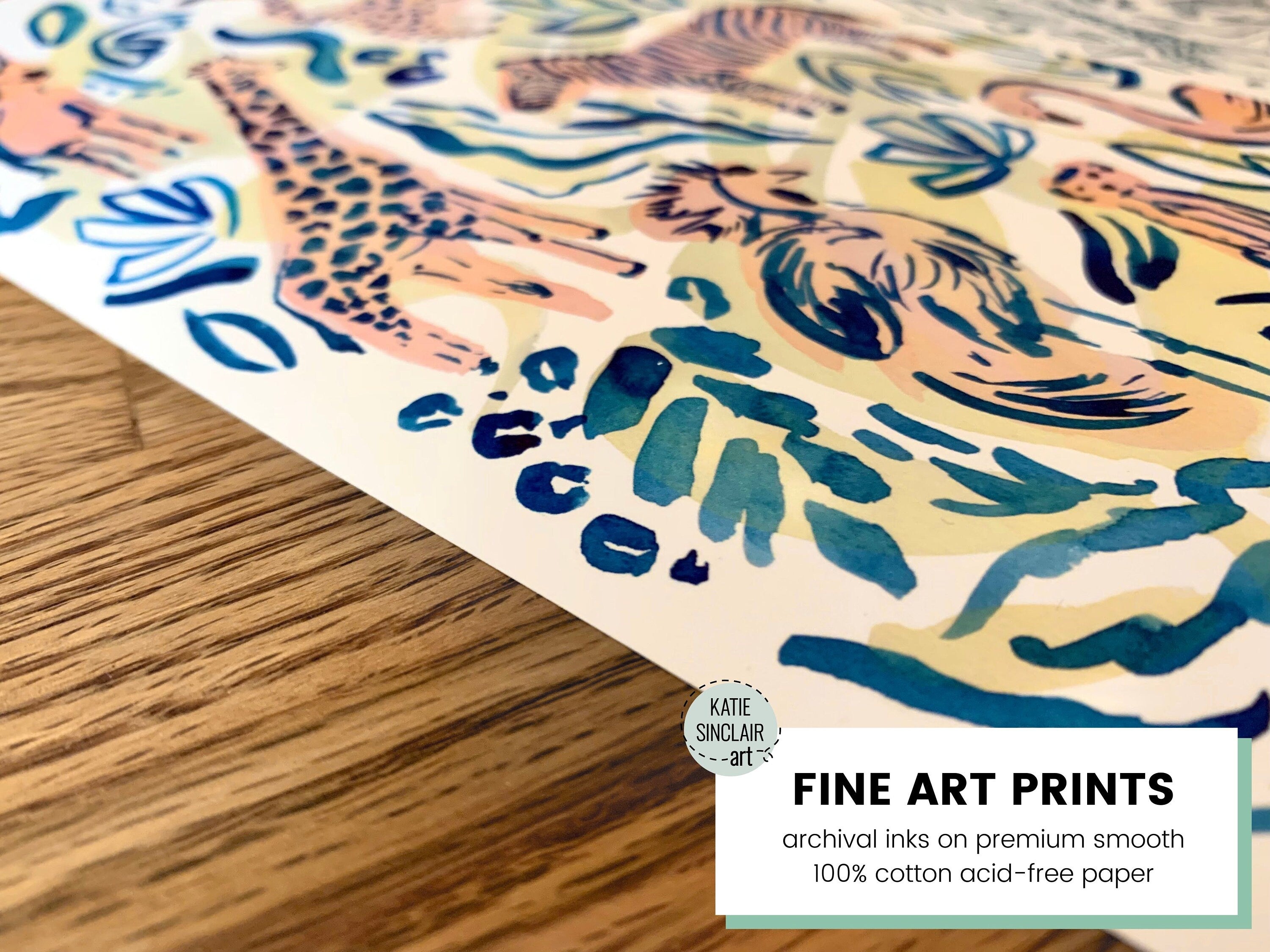 Safari Jungle Animals - Elephant featuring handmade watercolor art for a playful, colorful home nursery print on archival paper.  A corner shot showing the paper texture and print detail.