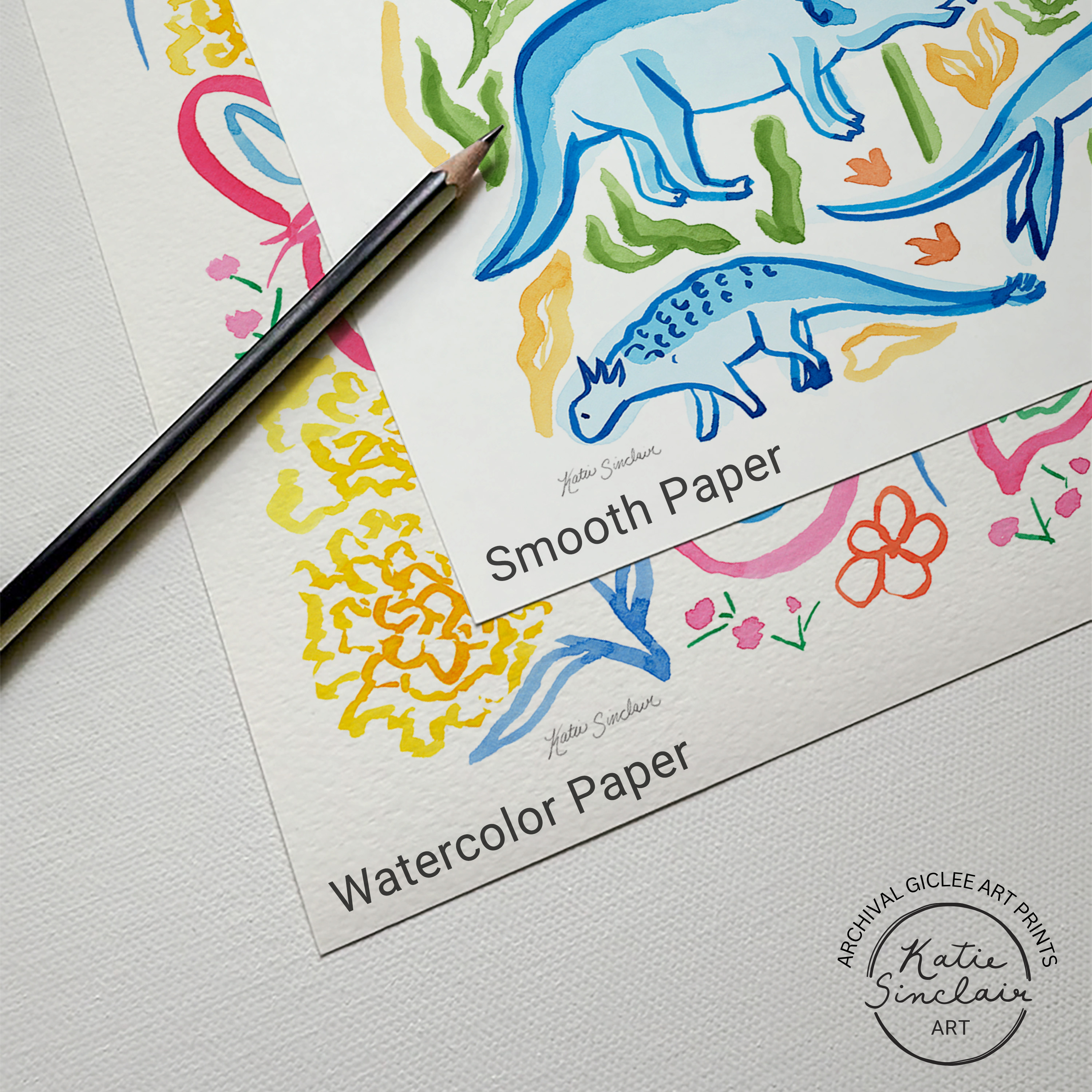 Paper options illustrating watercolor paper texture and smooth paper texture with a pencil for scale, placed on a white canvas background for additional scale of the paper texture.