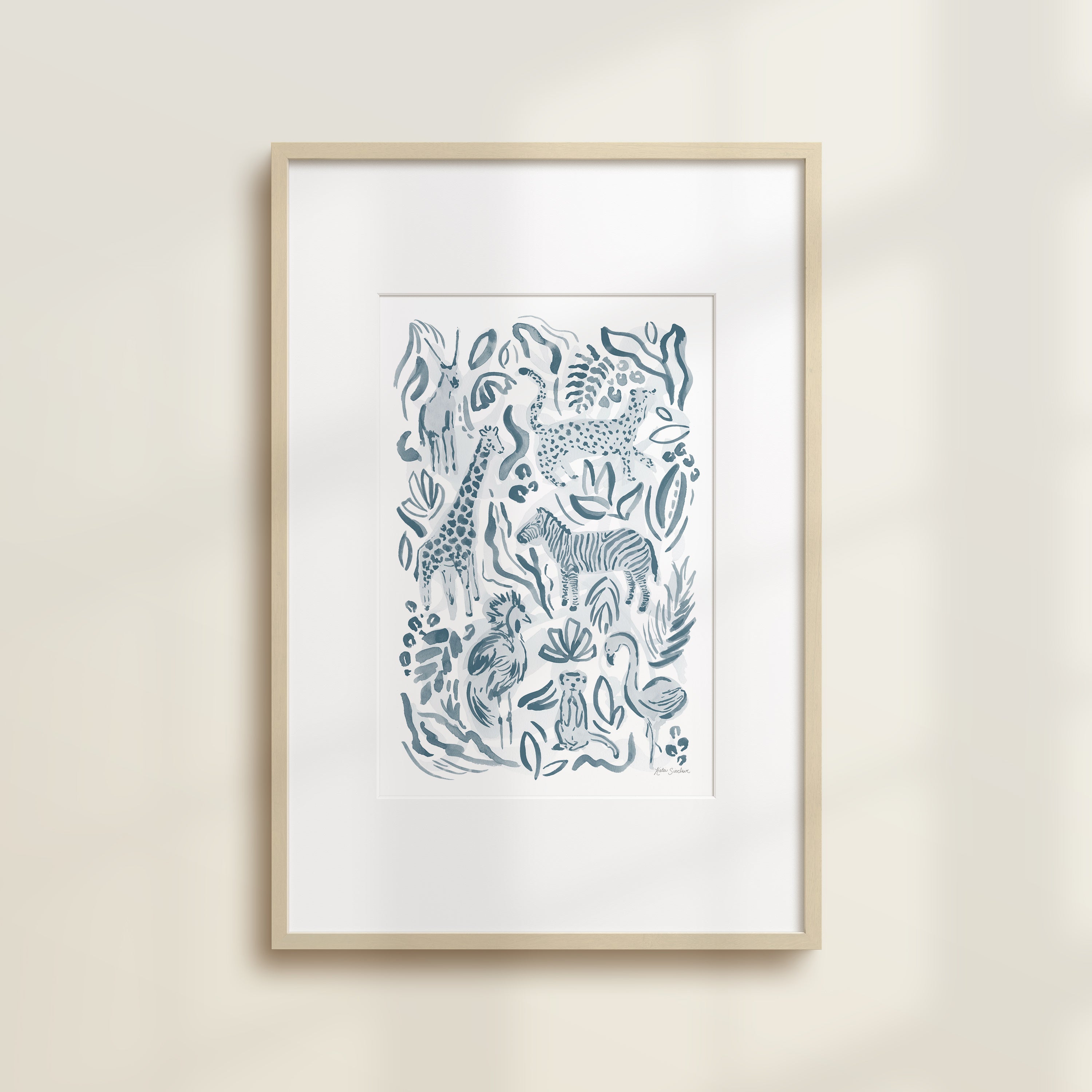 The Safari Jungle Zebra by Katie Sinclair print in the blue colorway, in a wooden frame with a white mat.