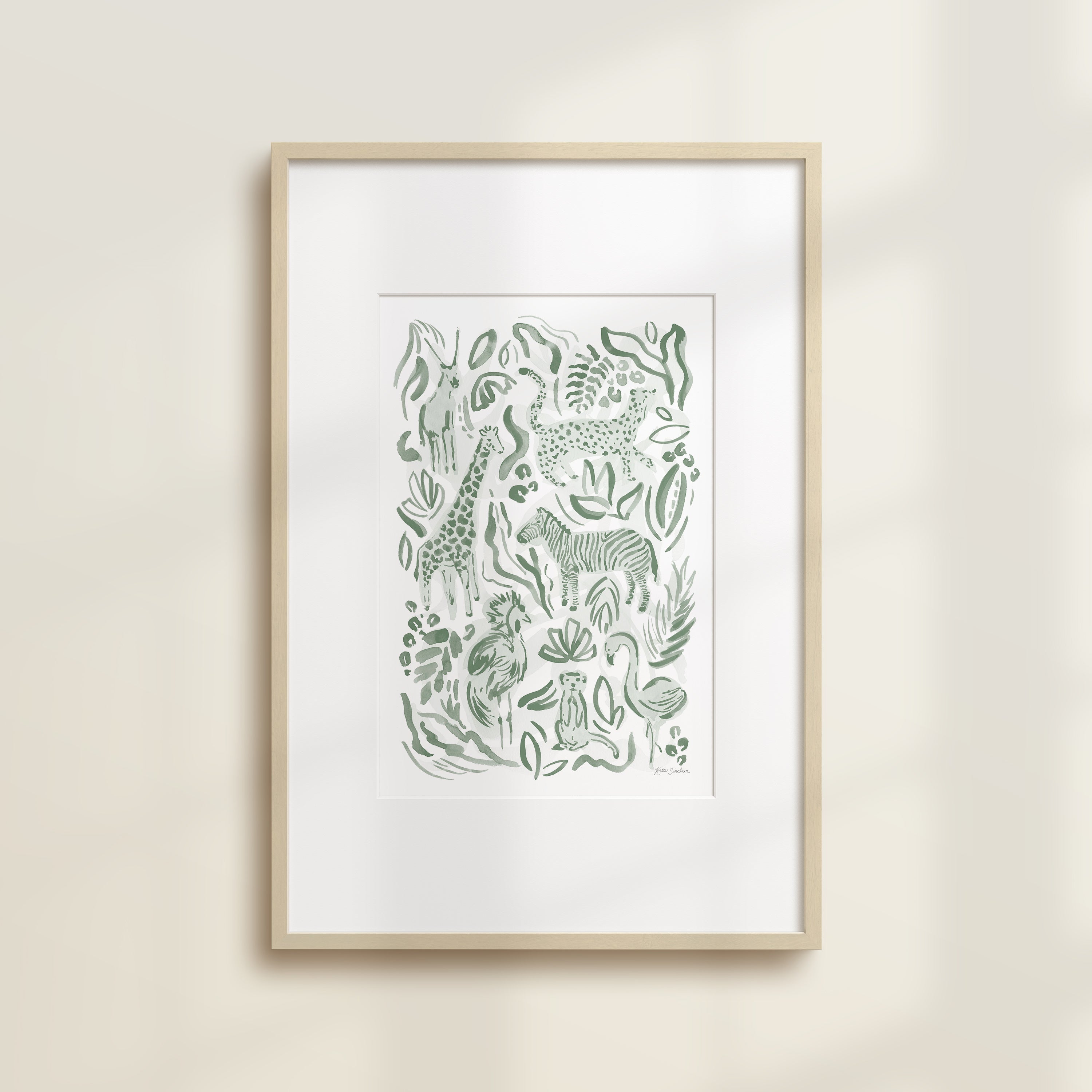 The Safari Jungle Zebra by Katie Sinclair print in the green colorway, in a wooden frame with a white mat.