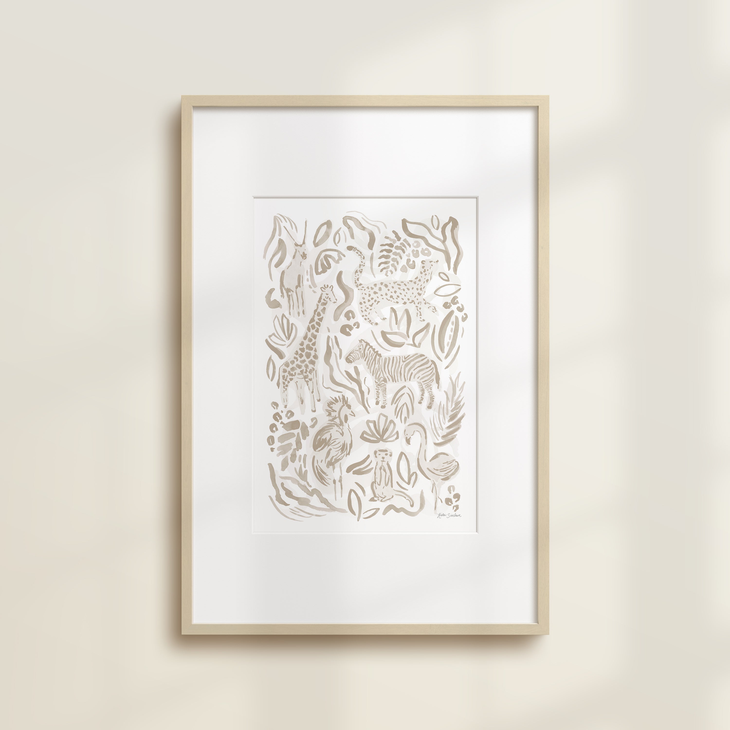 The Safari Jungle Zebra by Katie Sinclair print in the gray colorway, in a wooden frame with a white mat.