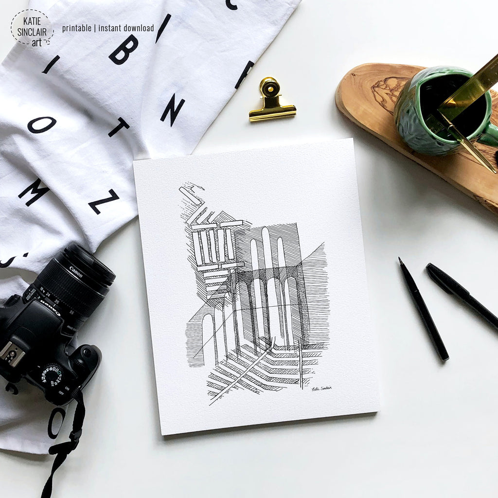 Patterns of Tuscany featuring a unique black and white pen drawing inspired by Tuscan city architectural patterns