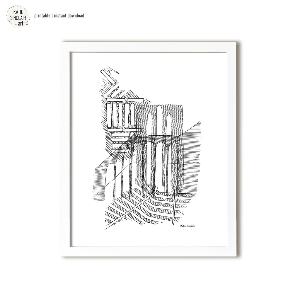 Patterns of Tuscany showcasing intricate black and white pen drawing inspired by Tuscan city architectural details