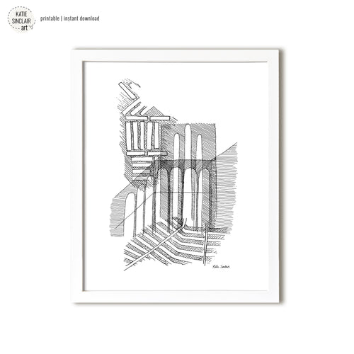 Patterns of Tuscany showcasing intricate black and white pen drawing inspired by Tuscan city architectural details
