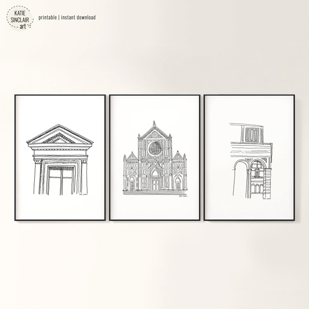 Florence Sketch Series showcasing three delicate black and white pen architectural drawings for a playful, colorful home