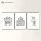 Florence Sketch Series showcasing three delicate black and white pen architectural drawings for a playful, colorful home
