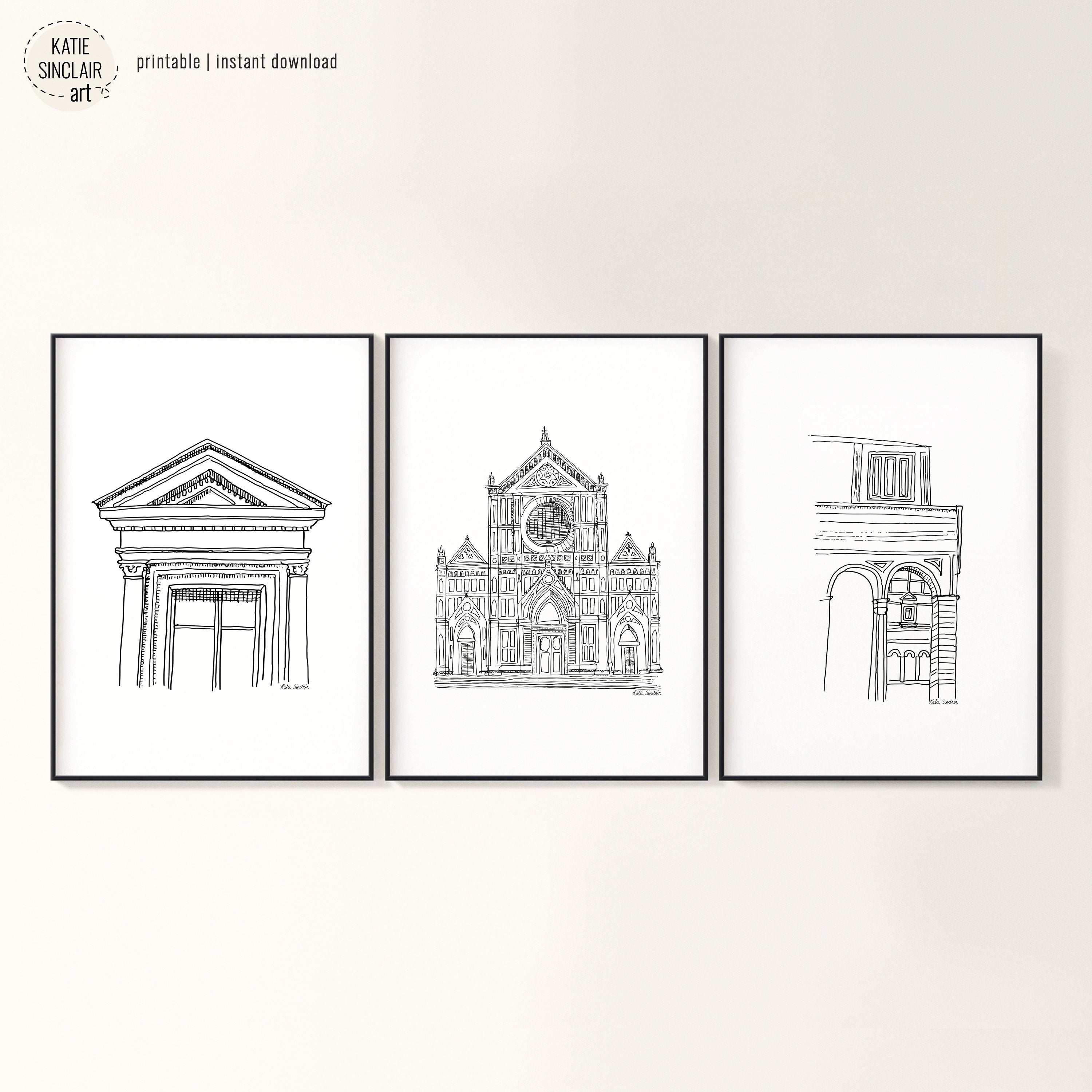 Florence Sketch Series showcasing three delicate black and white pen architectural drawings for a playful, colorful home