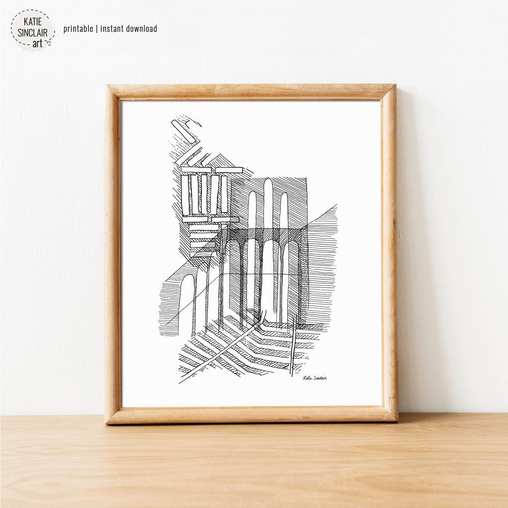 Patterns of Tuscany showing a detailed black and white pen and ink architectural drawing for a playful, colorful home