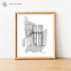 Patterns of Tuscany showing a detailed black and white pen and ink architectural drawing for a playful, colorful home