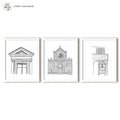 Florence Sketch Series featuring delicate black and white pen drawings of iconic Italian architecture for a playful, colorful home