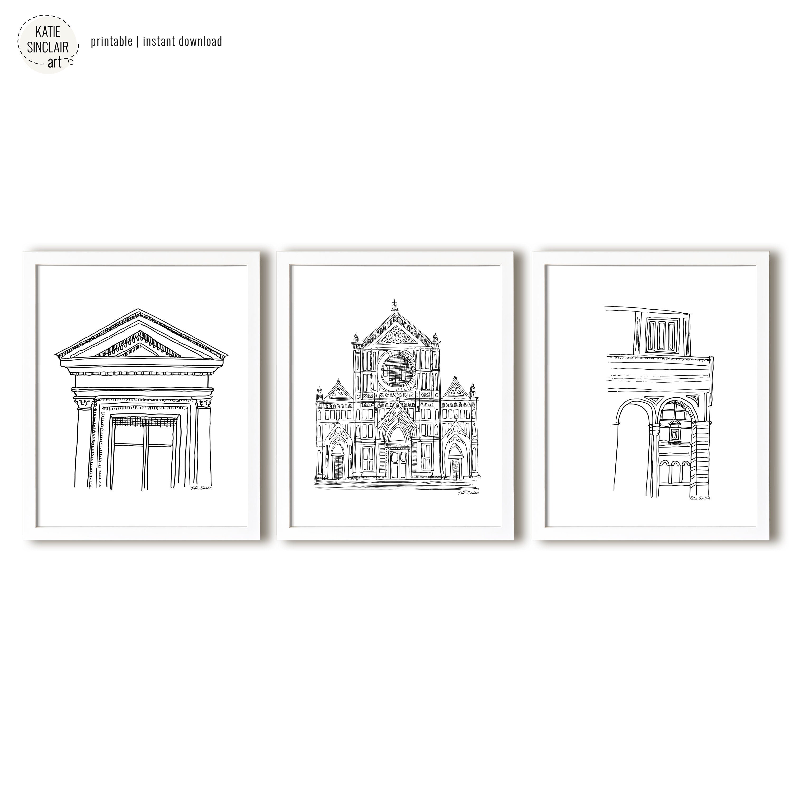 Florence Sketch Series featuring delicate black and white pen drawings of iconic Italian architecture for a playful, colorful home