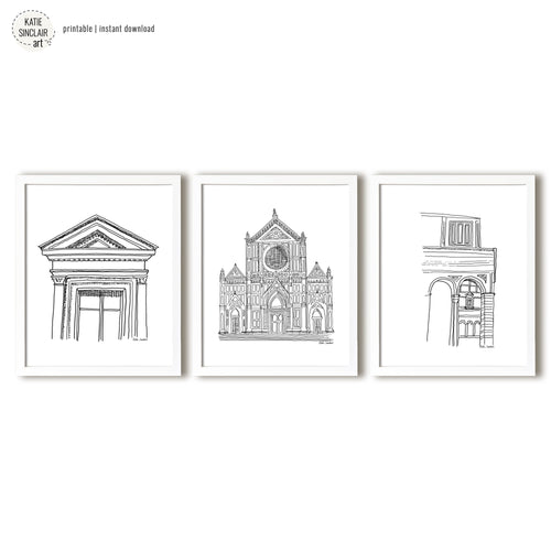 Florence Sketch Series featuring delicate black and white pen drawings of iconic Italian architecture for a playful, colorful home