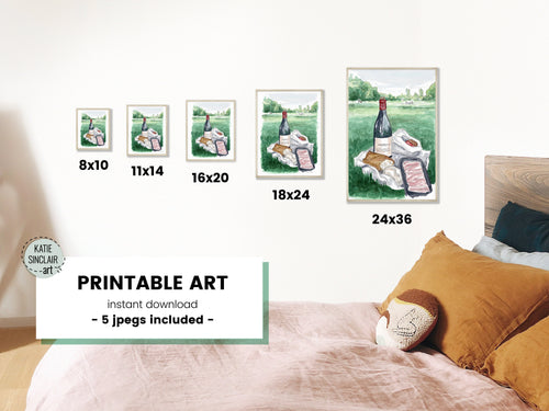 Munich Picnic handmade watercolor art for kids showing picnic with wine cheese bread in lush Englischer Garten watercolor art for a playful colorful home