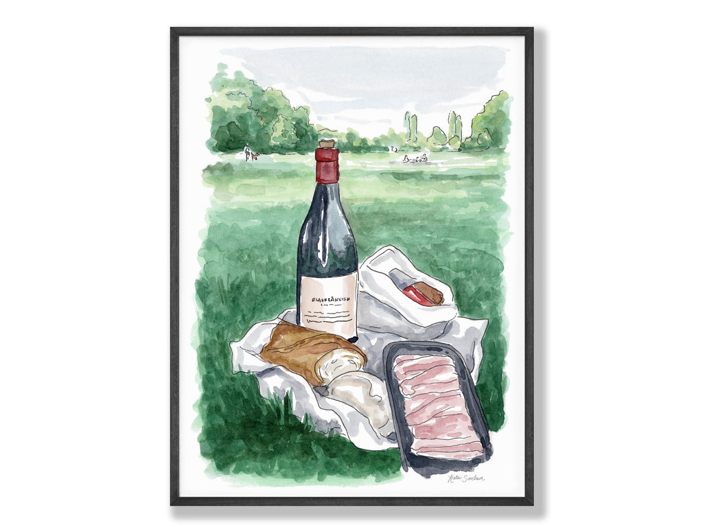 Munich Picnic handmade watercolor art for kids showing a picnic scene in Englischer Garten watercolor art for a playful, colorful home