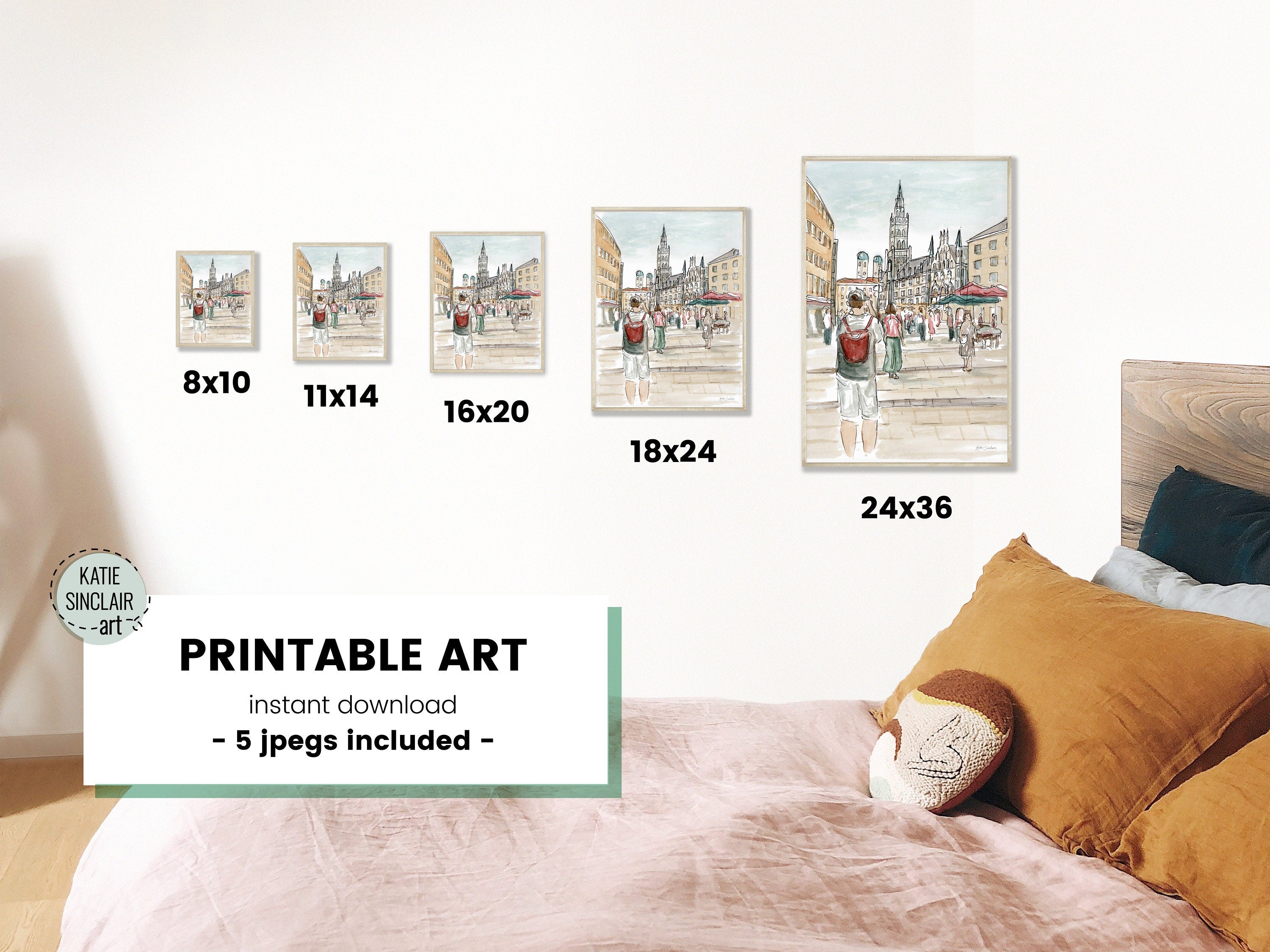 Munich Marienplatz handmade watercolor art for kids with charming cityscape watercolor art for a playful, colorful home