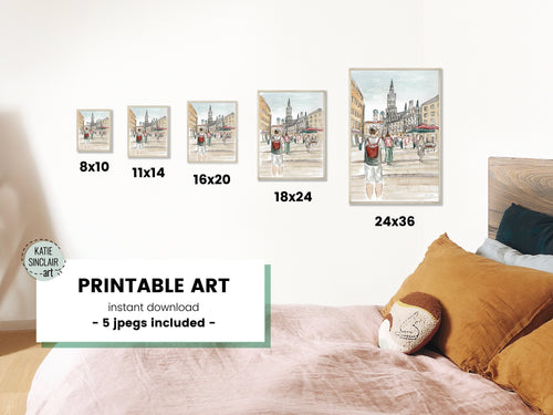 Munich Marienplatz handmade watercolor art for kids with charming cityscape watercolor art for a playful, colorful home